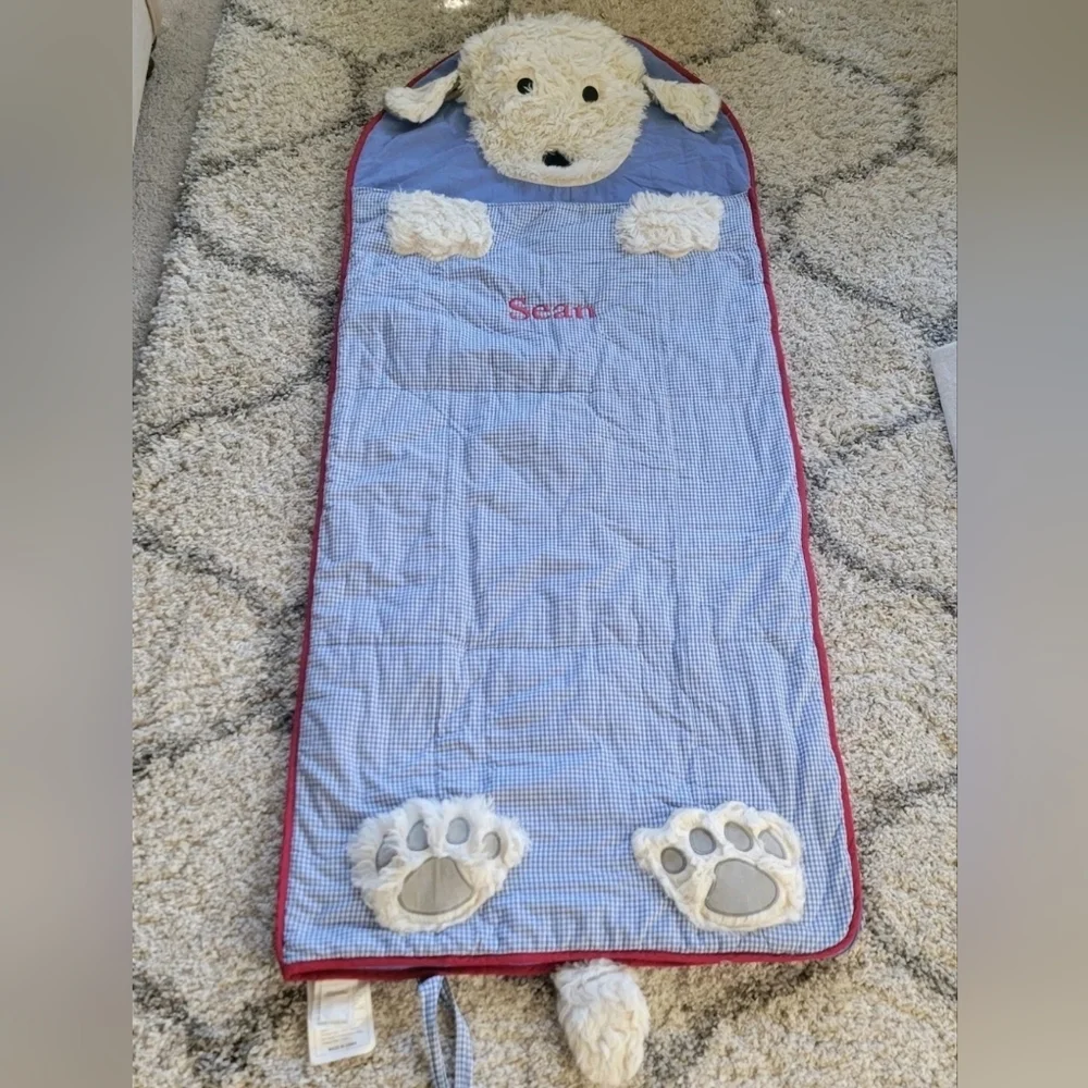 Pottery Barn Kids Shaggy Puppy Dog Sleeping Bag Blue Gingham SEAN - Picture 2 of 13